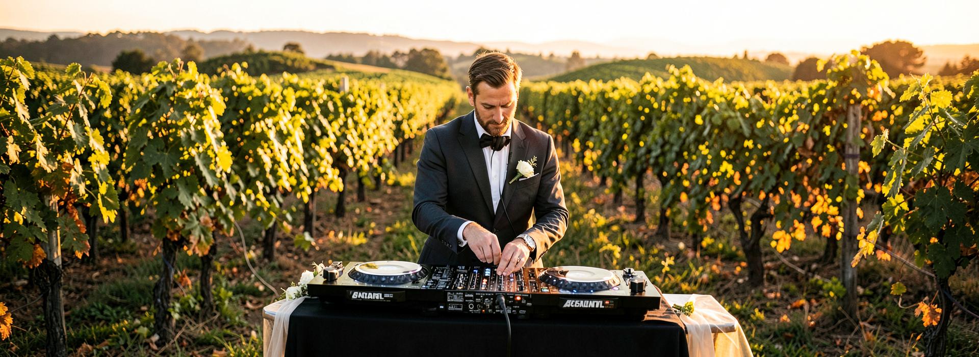 Mobile DJ playing a vineyard wedding at golden hour